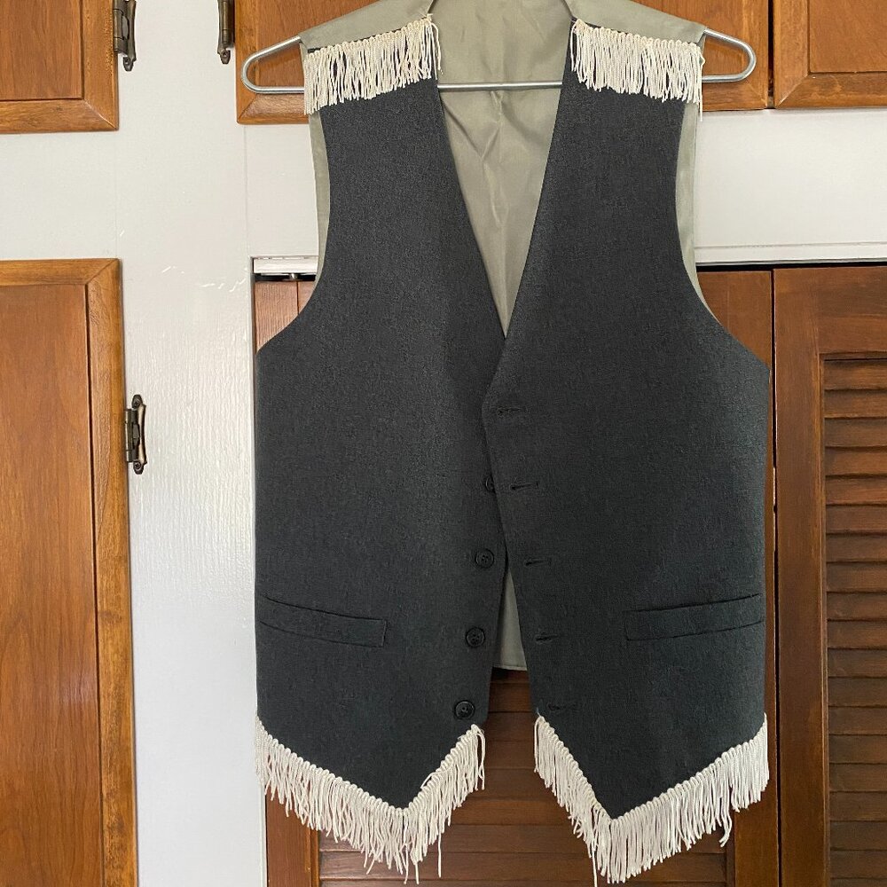 GRAY WESTERN FRINGE VEST 42 saloon 5 Buttons Pockets Satin Back Adj Strap XL Men
